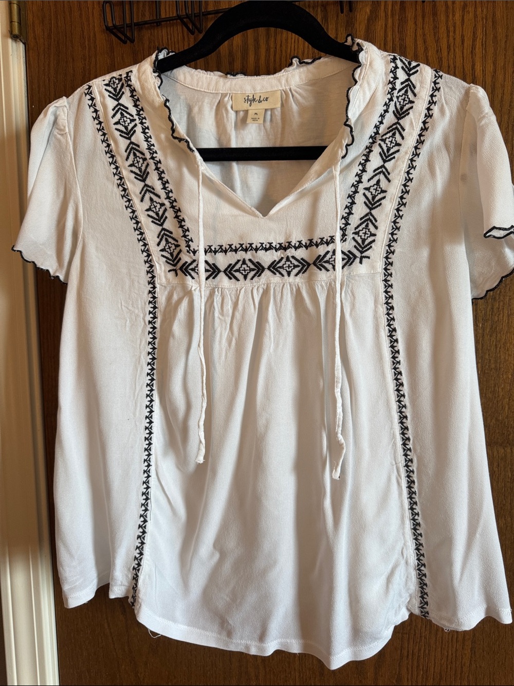 Style & Co. White Peasant Tunic with Black Embroidered Trim